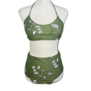 Floral Green Bandaeu Bikini Set, Tie Neck, High Rise Bottoms, Small